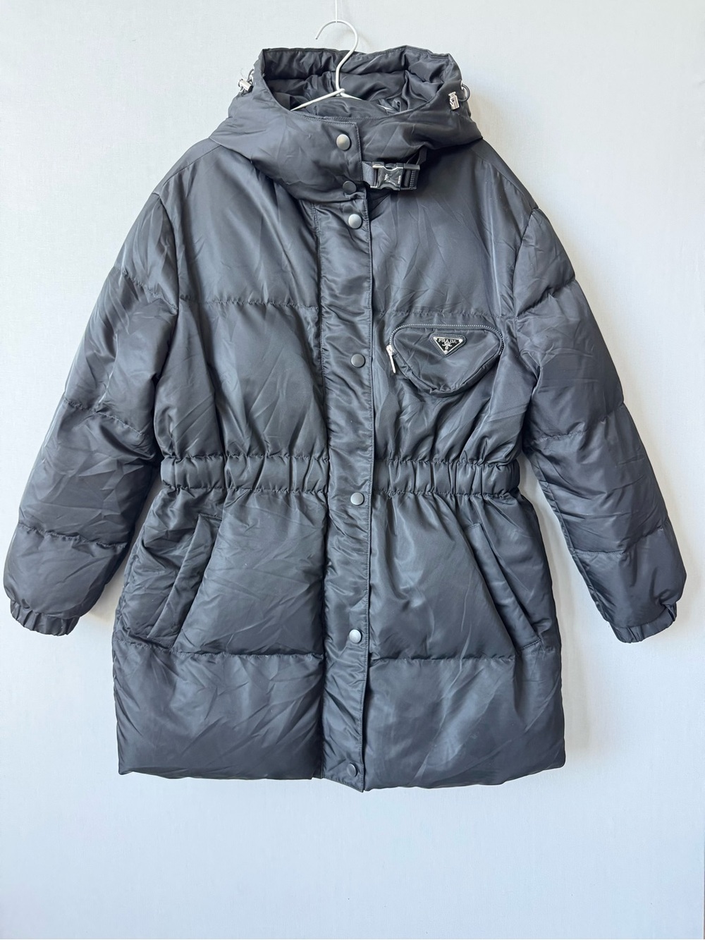Prada Re-Nylon Goose Down Hooded Parka with Iconic Triangle Chest Pocket Size 38